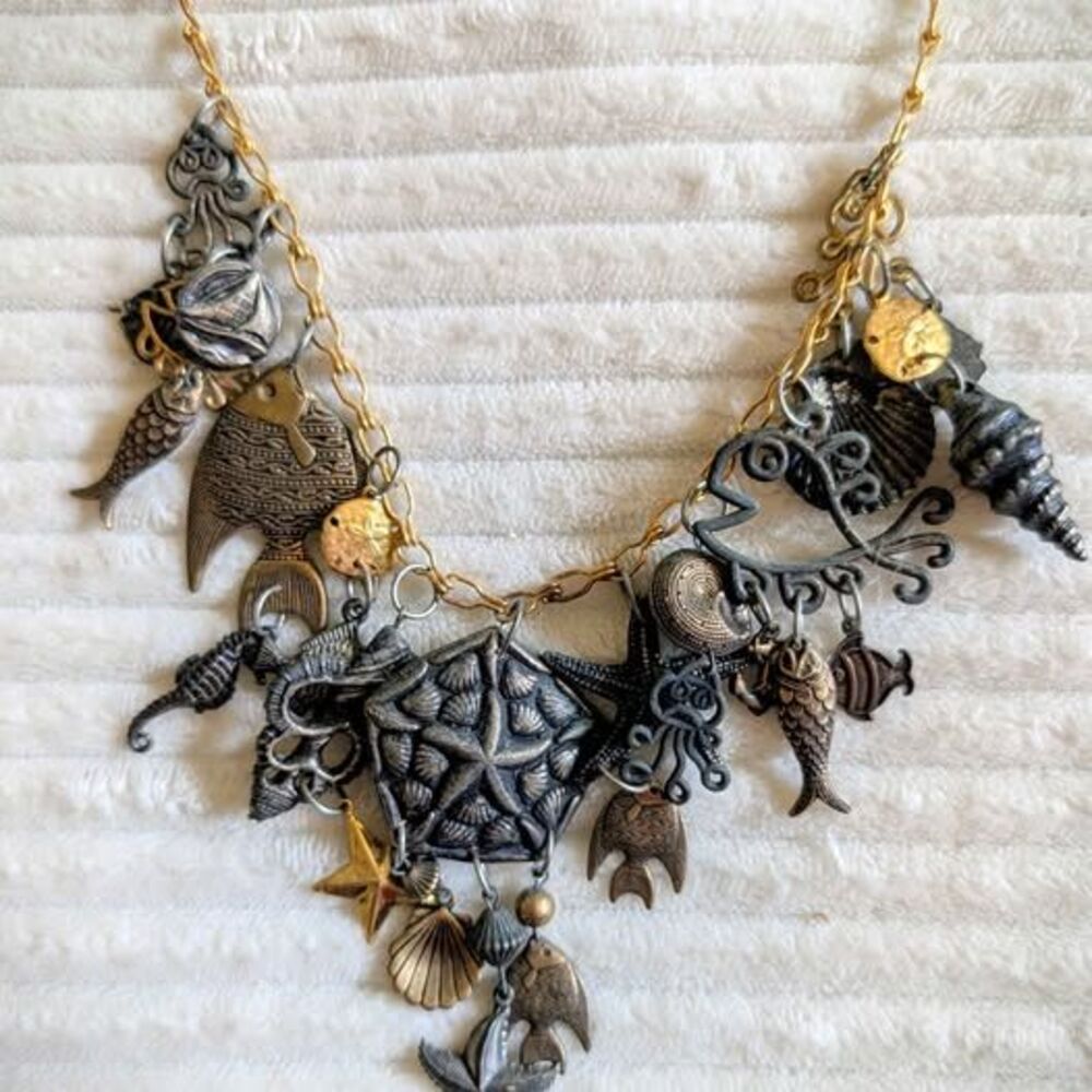 Artisan Steampunk Coastal Collage Vintage Assemblage Necklace